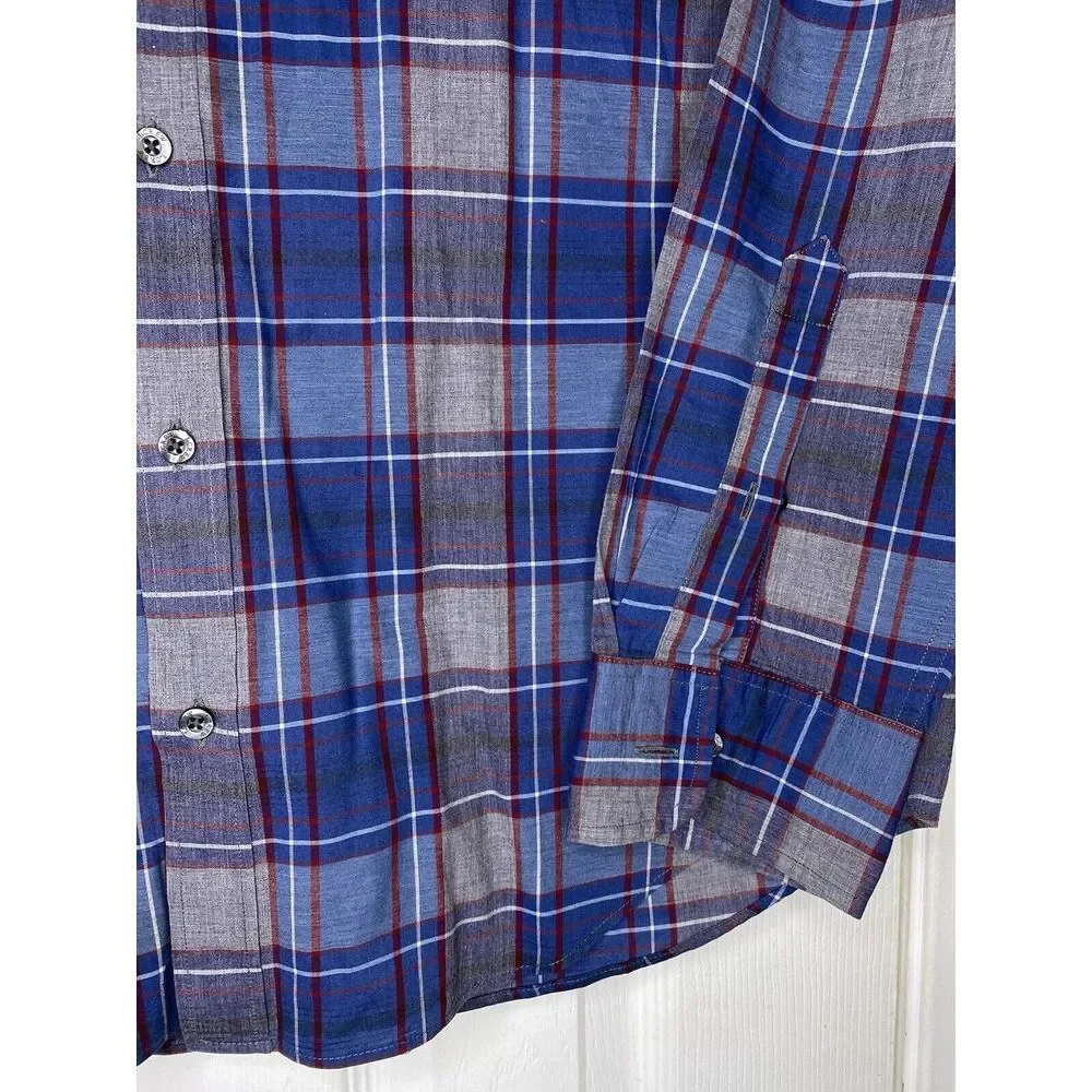 Tailored By J Crew Mens Slim Fit Button Front Shirt Blue Grey Plaid XL‎ Cotton
